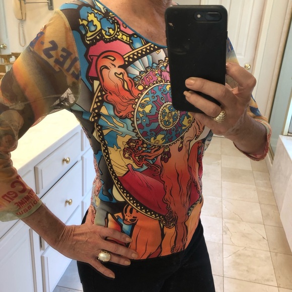 Colorful sleek front, lace back, sheer sleeve SzM - Picture 3 of 11